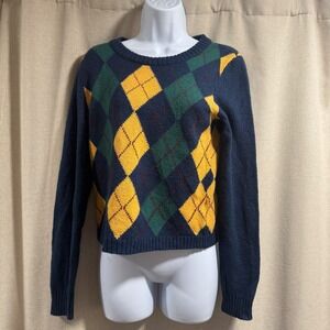 VTG American Eagle Outfitters Argyle Knit Sweater Navy Yellow Green M/M
